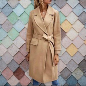 Camel Trench Coat Double Breasted Belted Pea Coat